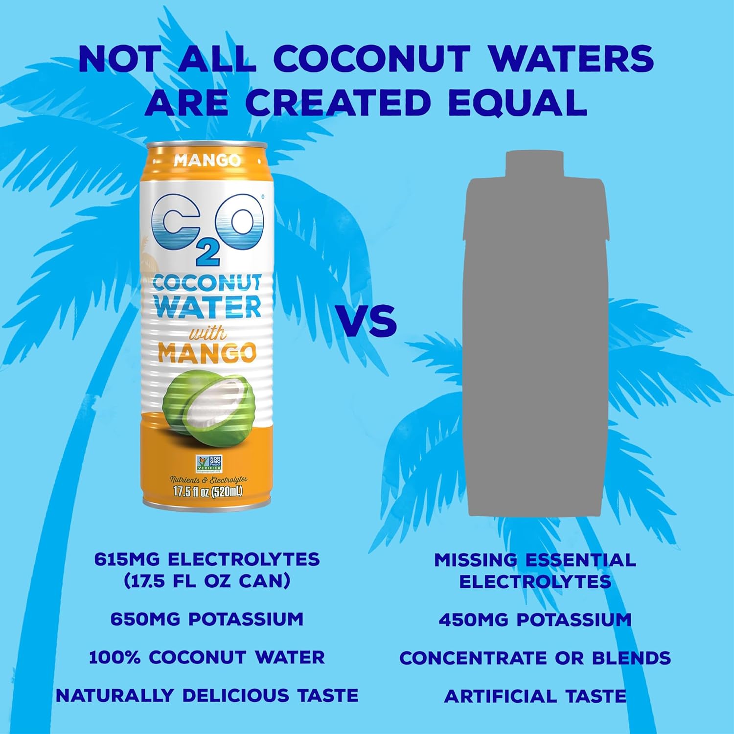 C2O - Coconut Water with Mango (12 Pack) - Made with Fresh Coconut Water - Plant Based - Non GMO - Canned Water - Natural Hydration, Essential Electrolytes, & Potassium - 12 Cans, 17.5 FL OZ
