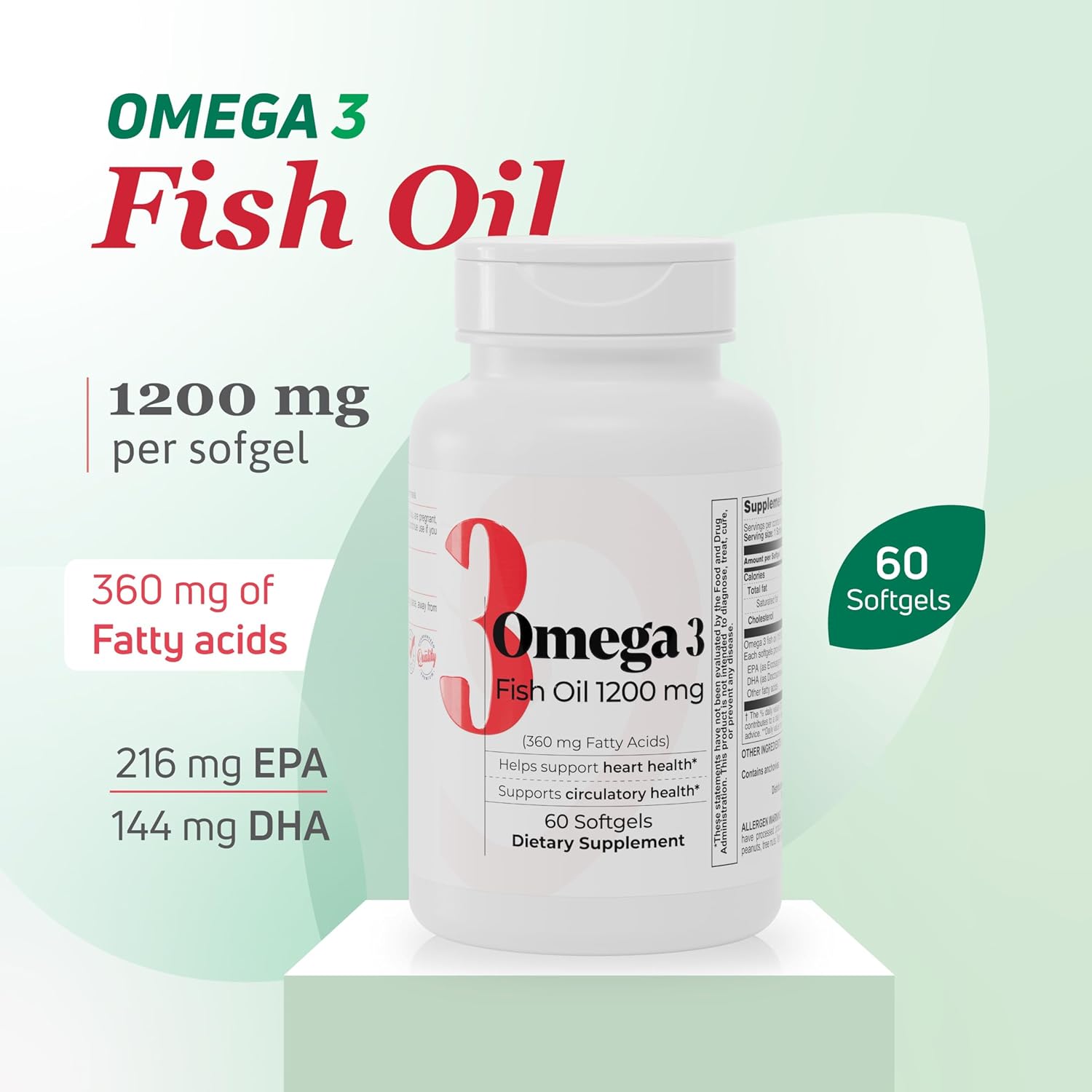 Fish Oil 1200 mg – 360 mg Omega-3 Fatty Acids – Supports Heart Health, Circulatory Health, and Cognitive Function, Fish Oil Supplement for Women and Men, 60 softgels