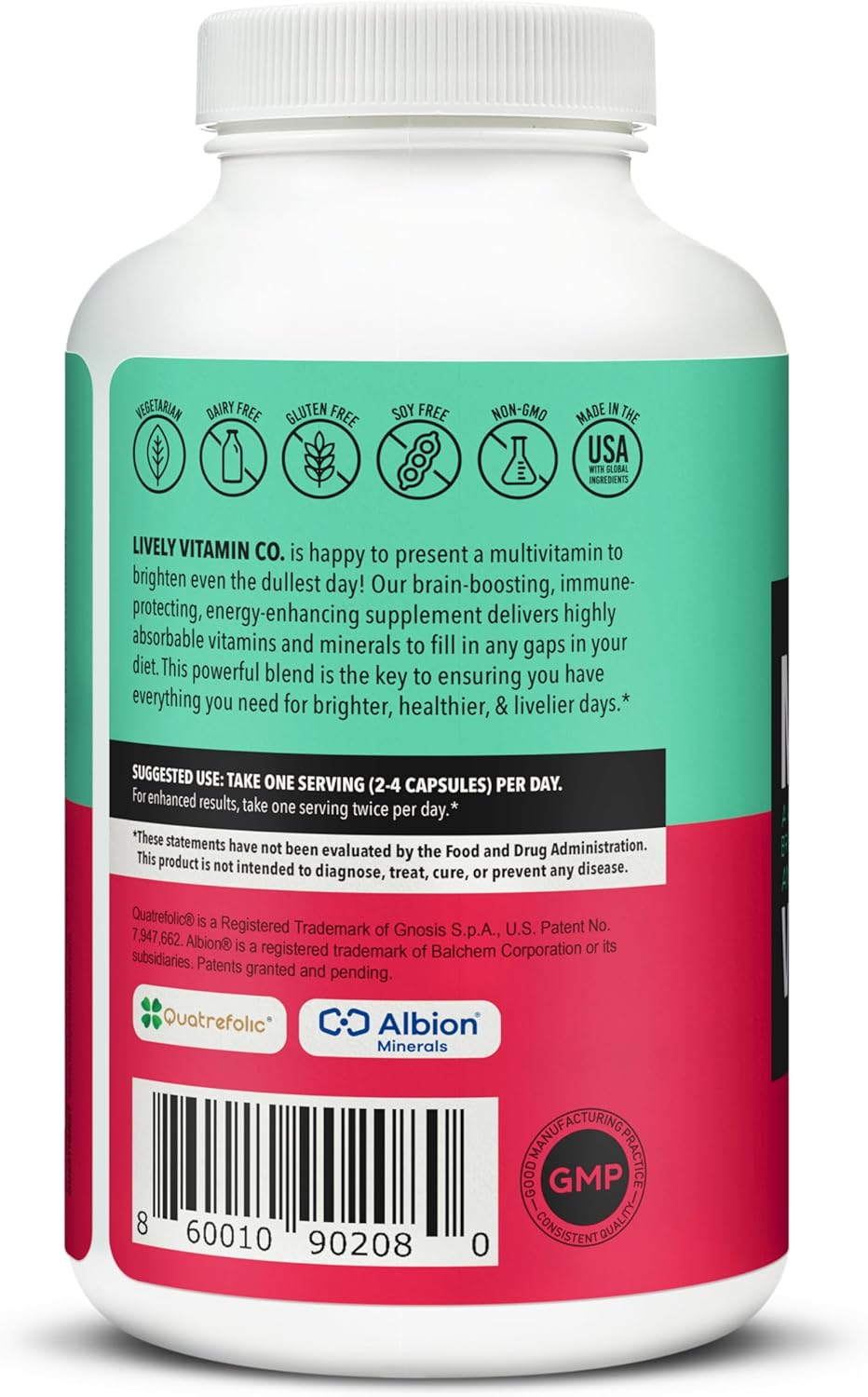 LIVELY VITAMIN CO. Multivitamin - 37 Vitamins Minerals and Extracts - Energy - Memory - Immune Function - Heart- Brain - Focus - Mood - Antioxidants - Dairy Gluten Soy Free - 240 Vegetarian Capsules