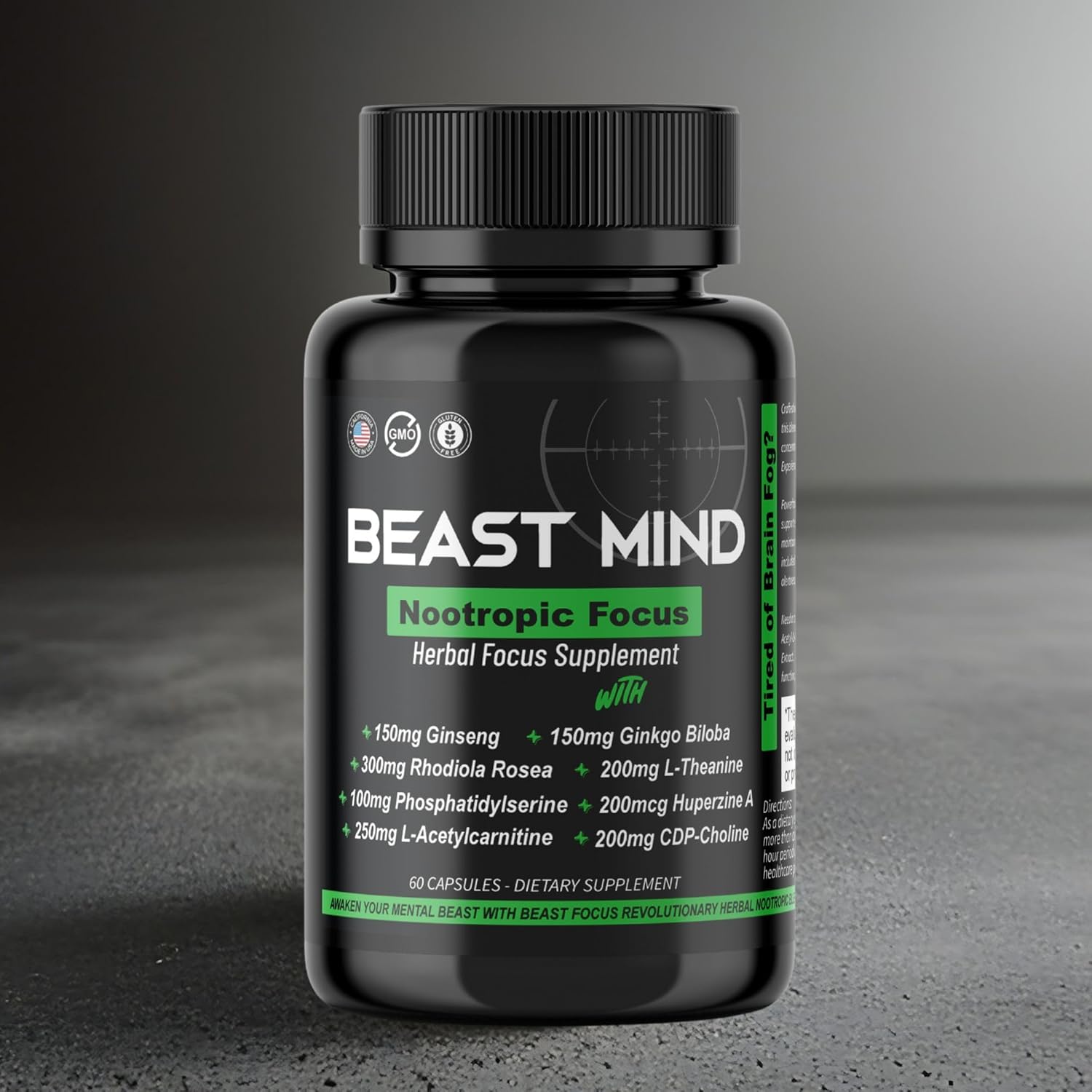 Beast Mind Focus Clarity Nootropic Blend | Ginkgo Biloba | Huperzine A | Rhodiola | Citicoline | L-Theanine | Enhanced Focus & Clarity & Cognitive Function Labs