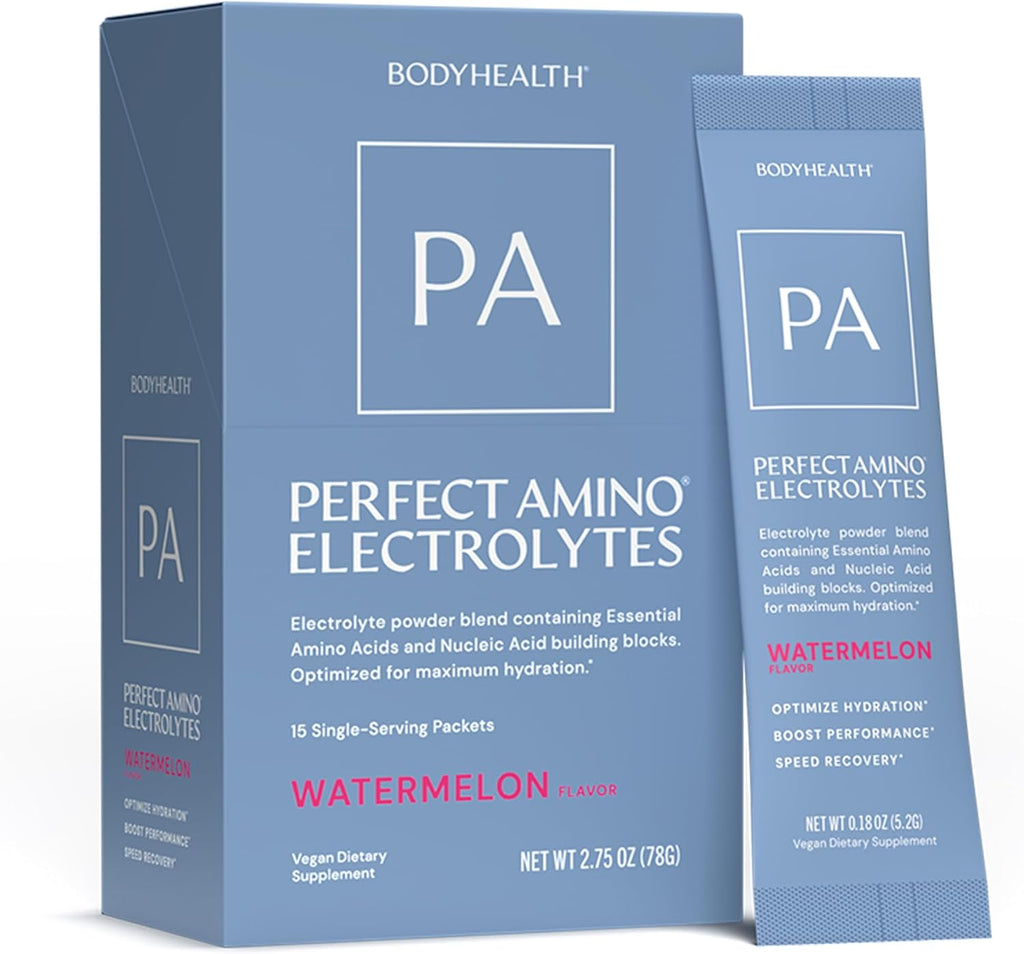 BodyHealth PerfectAmino Electrolyte Drink Mix – Watermelon – No Sugar, Keto & Fasting Friendly, Hydration with Trace Minerals – Stick Packs