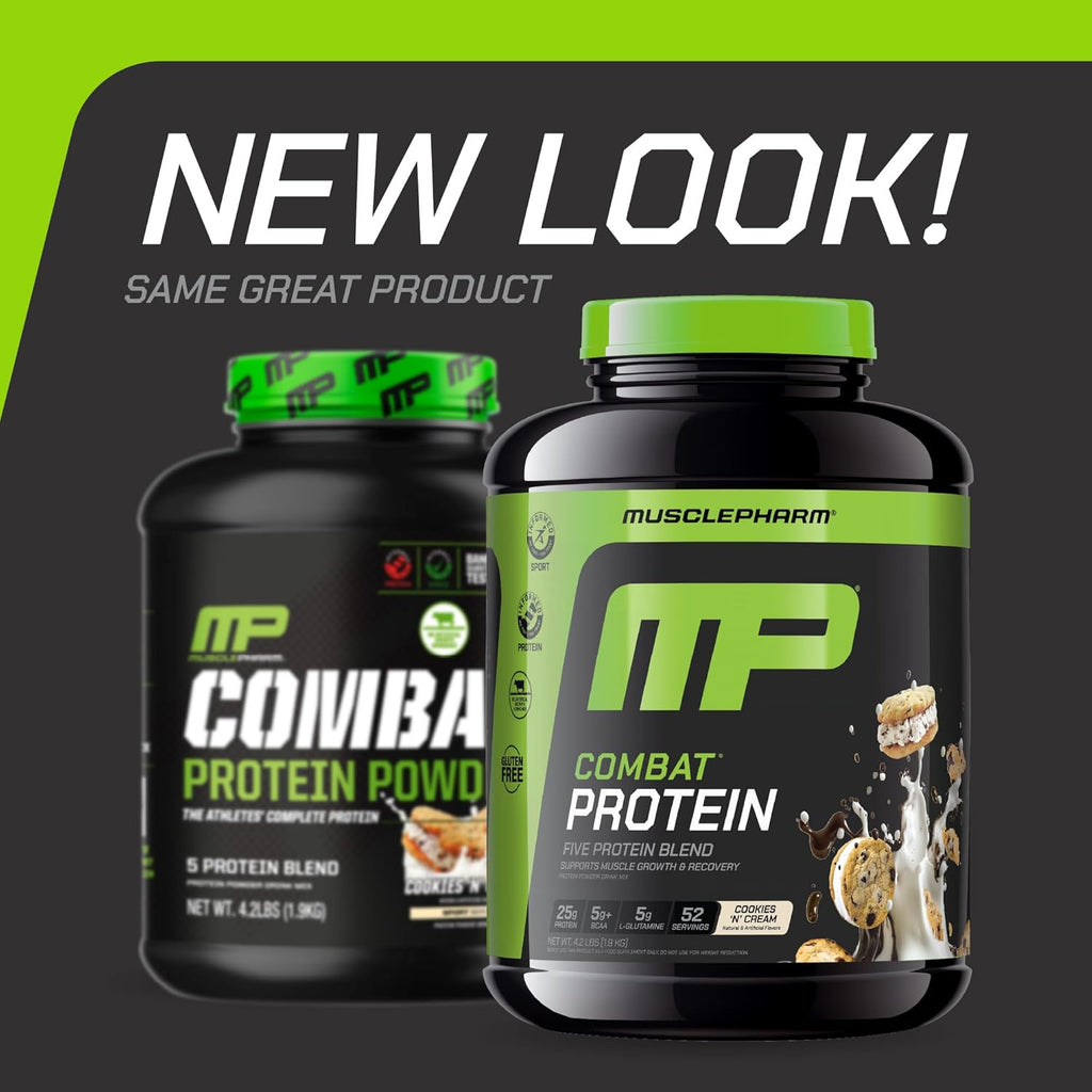 MusclePharm Combat Protein Powder, Cookies ‘N’ Cream Flavor, Fuels Muscles for Productive Workouts, 5 Protein Sources including Whey Protein Isolate & Egg Albumin, Gluten Free, 4 lb, 52 Servings