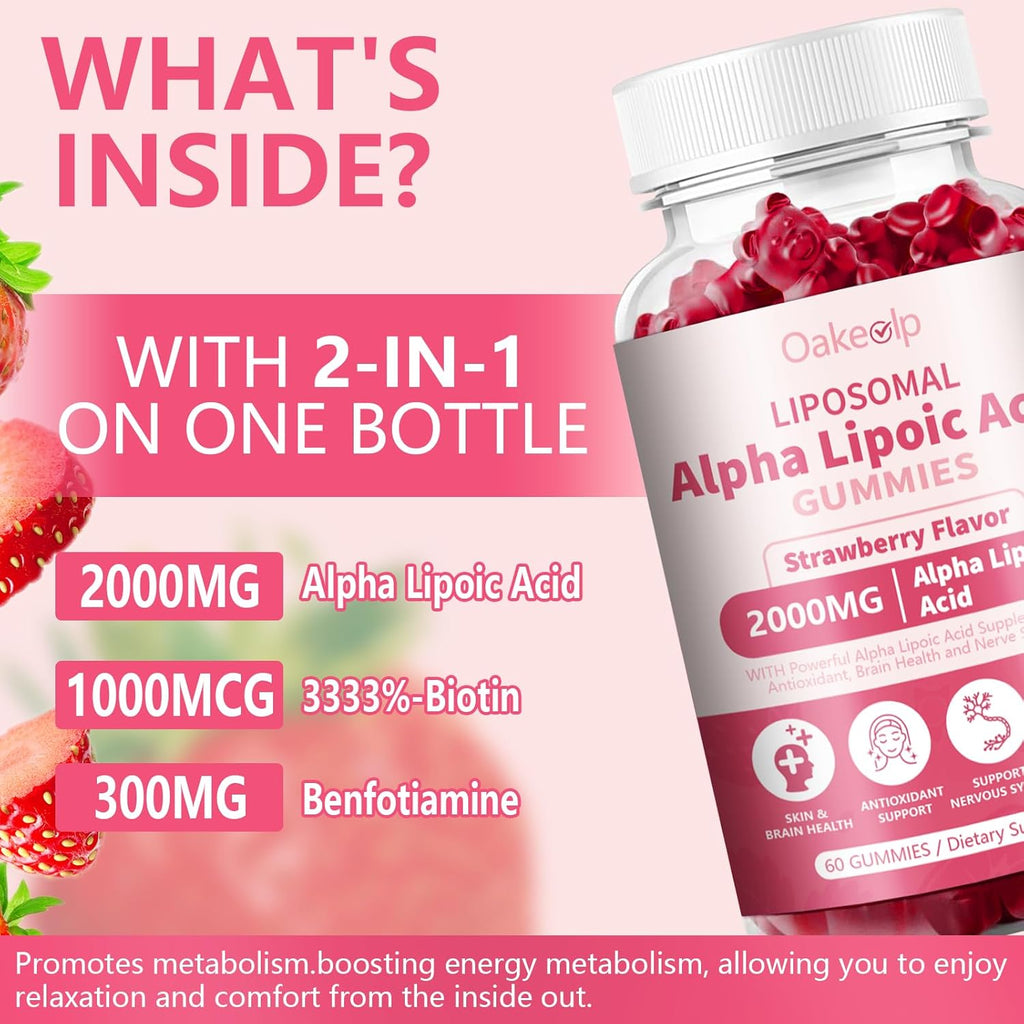 Liposomal Alpha Lipoic Acid Gummies 2000mg Gummies,High Potency ALA Complex Biotin & Benfotiamine for Antioxidant, Brain Health and Nerve* Support,Liposomal Enhance 98% Absorption