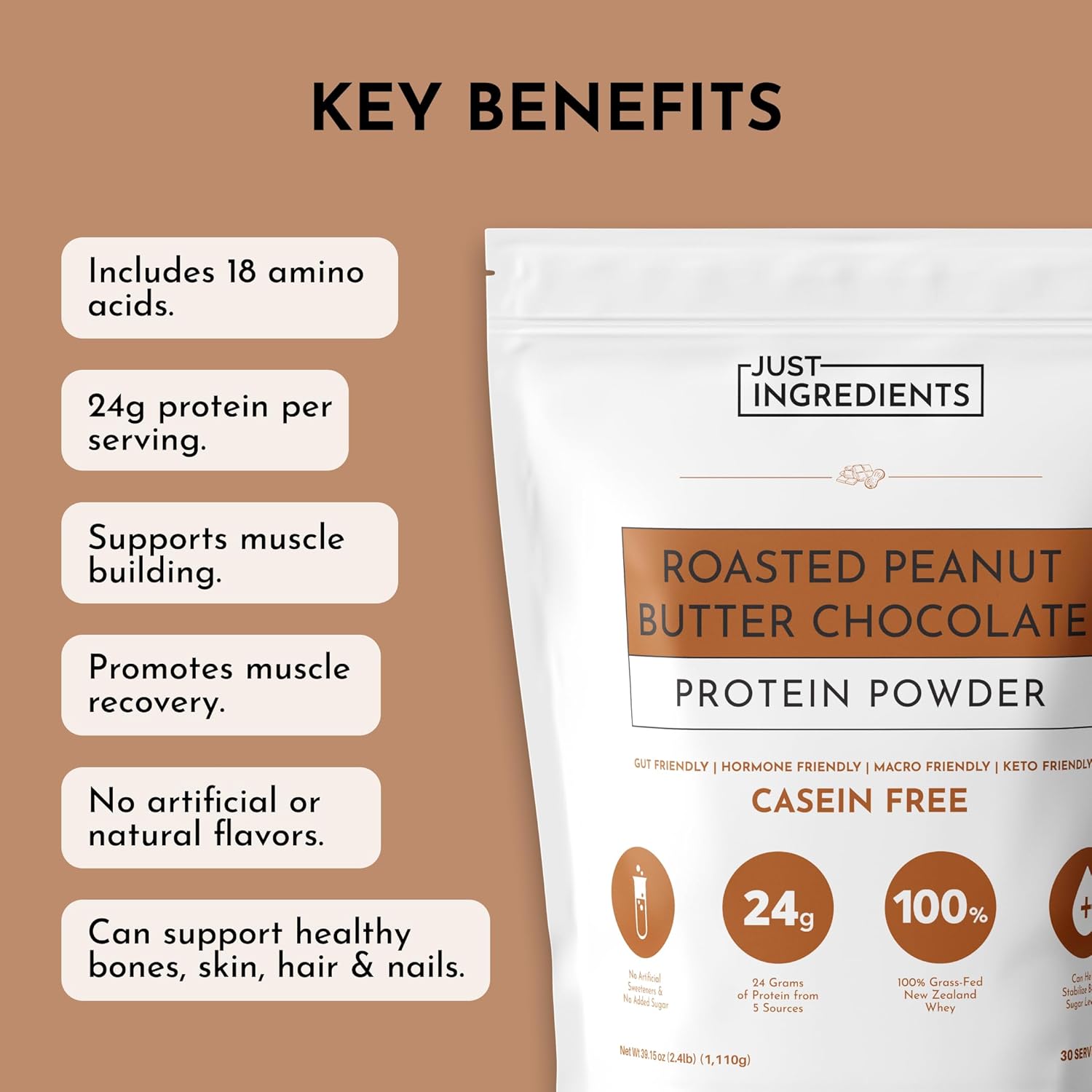 Roasted Peanut Butter Chocolate Protein Powder – 30-Serving Blend with 100% Grass-Fed Whey & Organic Plant Proteins – Rich Cocoa & Roasted Peanut Flavor – Supports Muscle Recovery & Energy*
