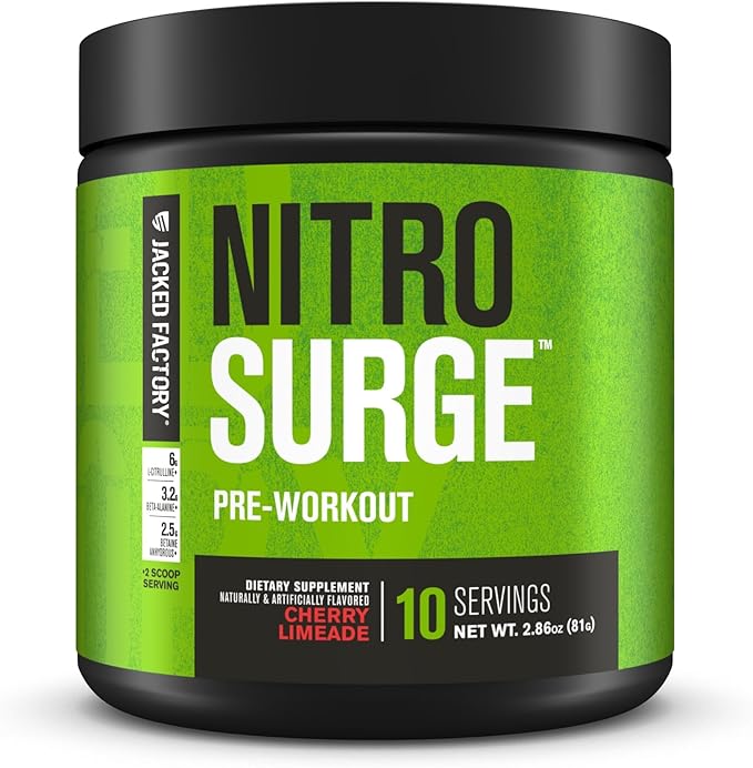 Jacked Factory NITROSURGE Pre Workout Supplement - Endless Energy, Instant Strength Gains, Clear Focus, Intense Pumps - NO Booster & Preworkout Powder with Beta Alanine - 10 Servings, Cherry Limeade