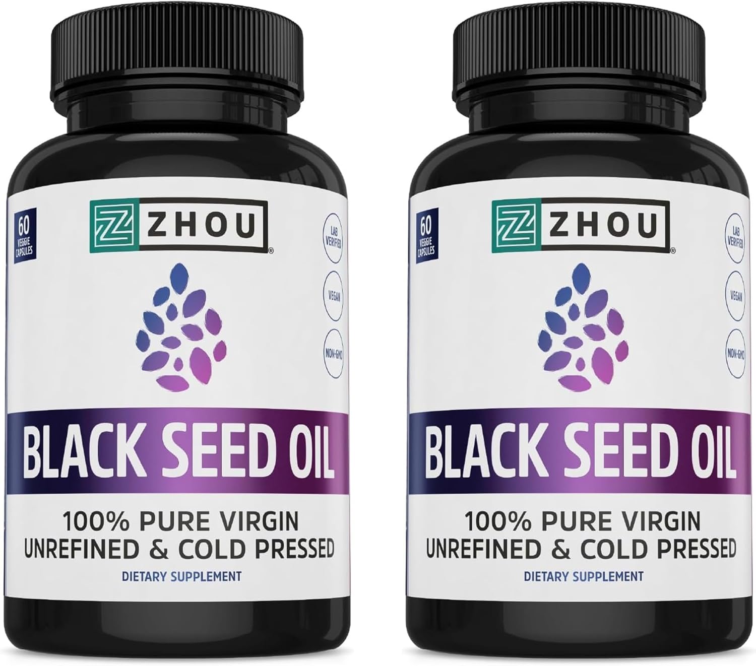 ZHOU Black Seed Oil Capsules - Black Cumin Seed Oil Cold Pressed, Nigella Sativa, Pure Unrefined Blackseed, Premium Supplement for Health, Hair & Skin w/Thymoquinone - 60 Capsules (Pack of 2)