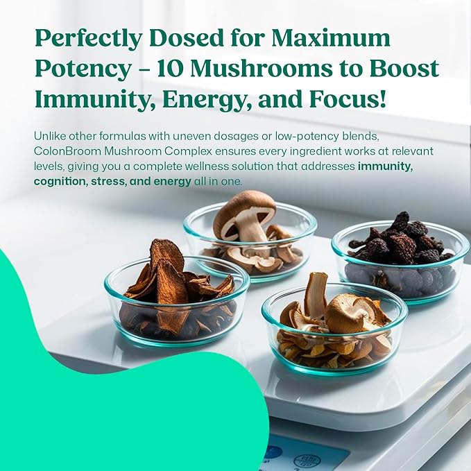 ColonBroom Mushroom Complex, Powerful Mushroom Blend with Cordyceps, Reishi, Shiitake, Lion’s Mane Extract for Energy, Immunity, Stress Relief & Cognitive Health - 60 Capsules (120 Count (Pack of 2))