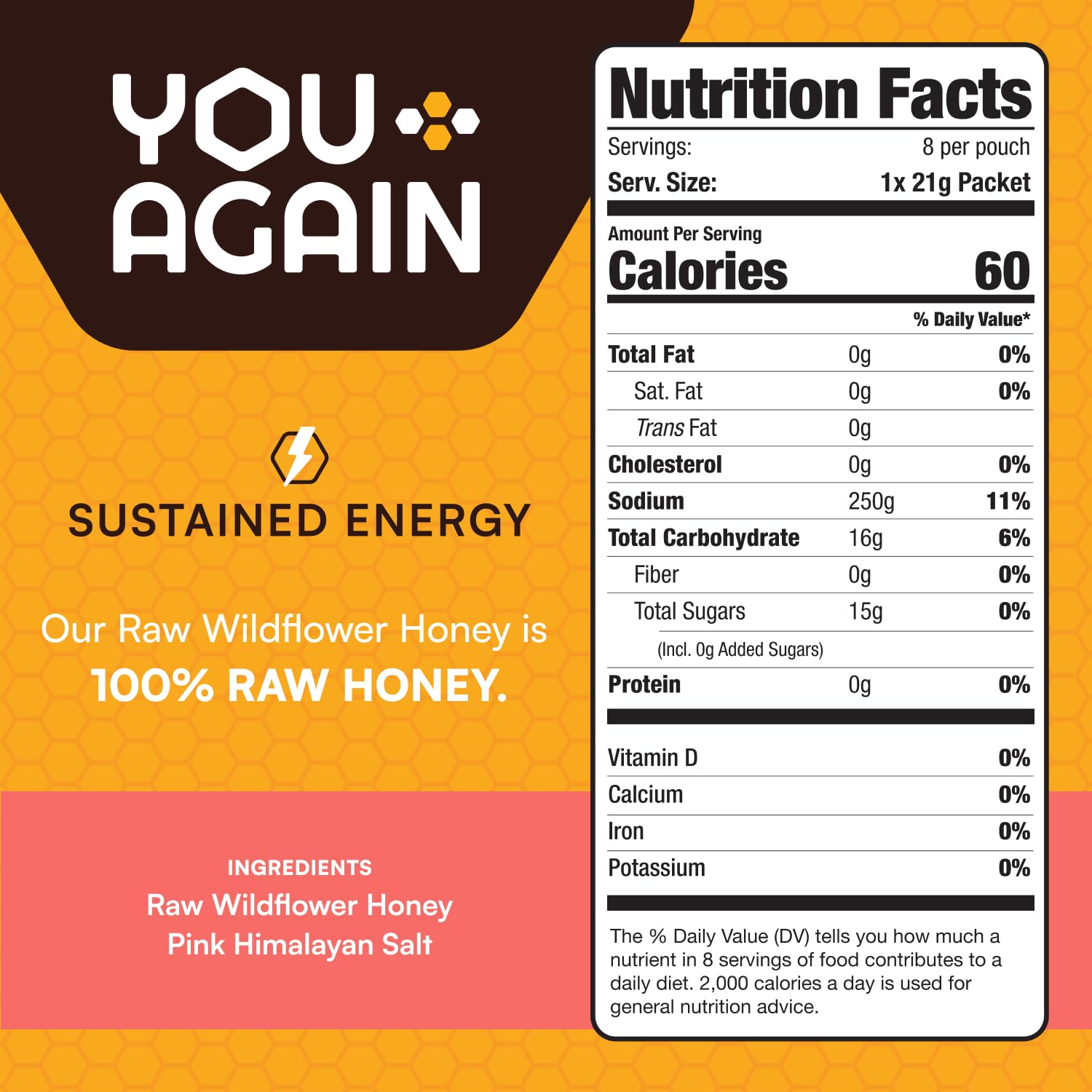 You Again Super Honey Clean Energy Gel, Honey & Himalayan Salt | Electrolyte Replenishment Running Fuel | Endurance Workouts & Cycling Gel | Paleo & Carnivore Snack | Gluten-Free | USA Made | 24-Pack