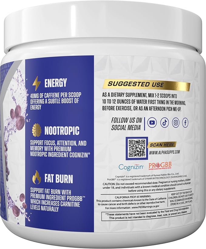 Alpha Supps Amino NRG+ BCAA Amino Energy Recovery Powder - Hydration Blend with Electrolytes - Focus Blend for Optimal Performance Support in Men & Women (30 Servings, Juicy Grape)