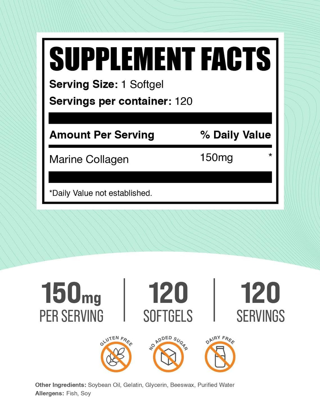 BulkSupplements.com Marine Collagen Softgels - Collagen Supplement, Collagen for Women & Men, 150mg of Collagen - Gluten Free, 1 Softgel per Serving, 120 Count (Pack of 1)