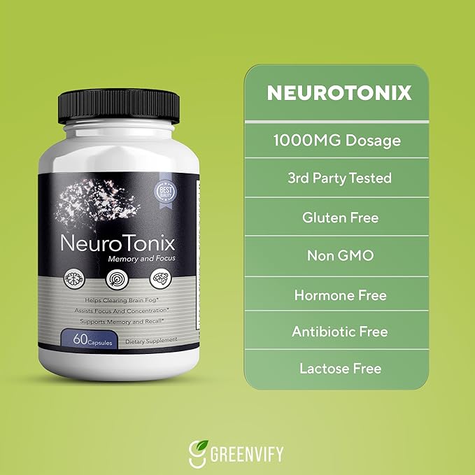NeuroTonix Brain Support Supplement Enhance Memory & Focus Clear Brain Fog & Boost Cognitive Function 60 Natural Capsules Healthy Brain
