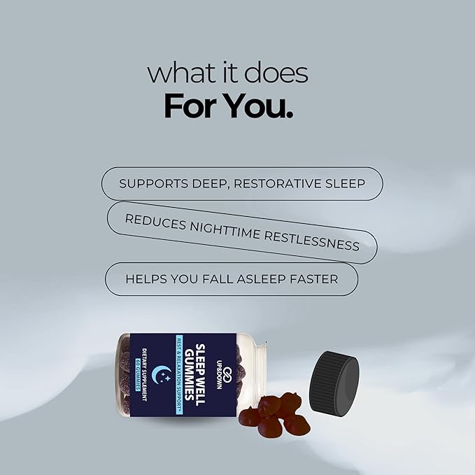 Up&Down Supplements Sleep Well Gummies | Deeper Sleep, Relaxation, Rest & Recovery Support | Melatonin, Vitamin B6 & Passionflower | Made in USA | Vegan, Non-GMO, Gluten Free | 60 Sleep Gummies