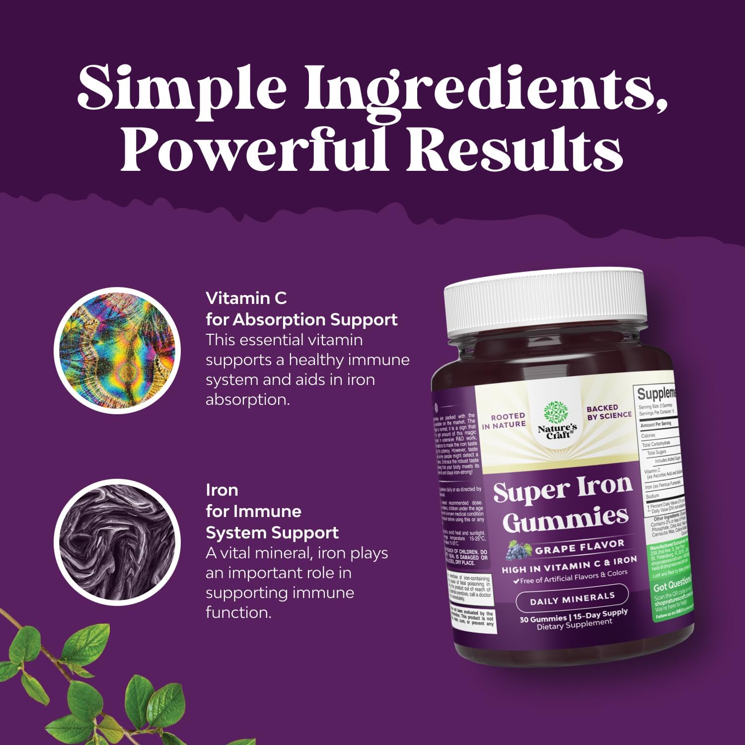 Bundle of Extra Strength Iron Supplement Gummies - Chewable Iron with Vitamin C & B Complex - Energy Blood Builder and Pure Magnesium Glycinate Supplement 400mg Per Serving for Mood Sleep & Relaxation