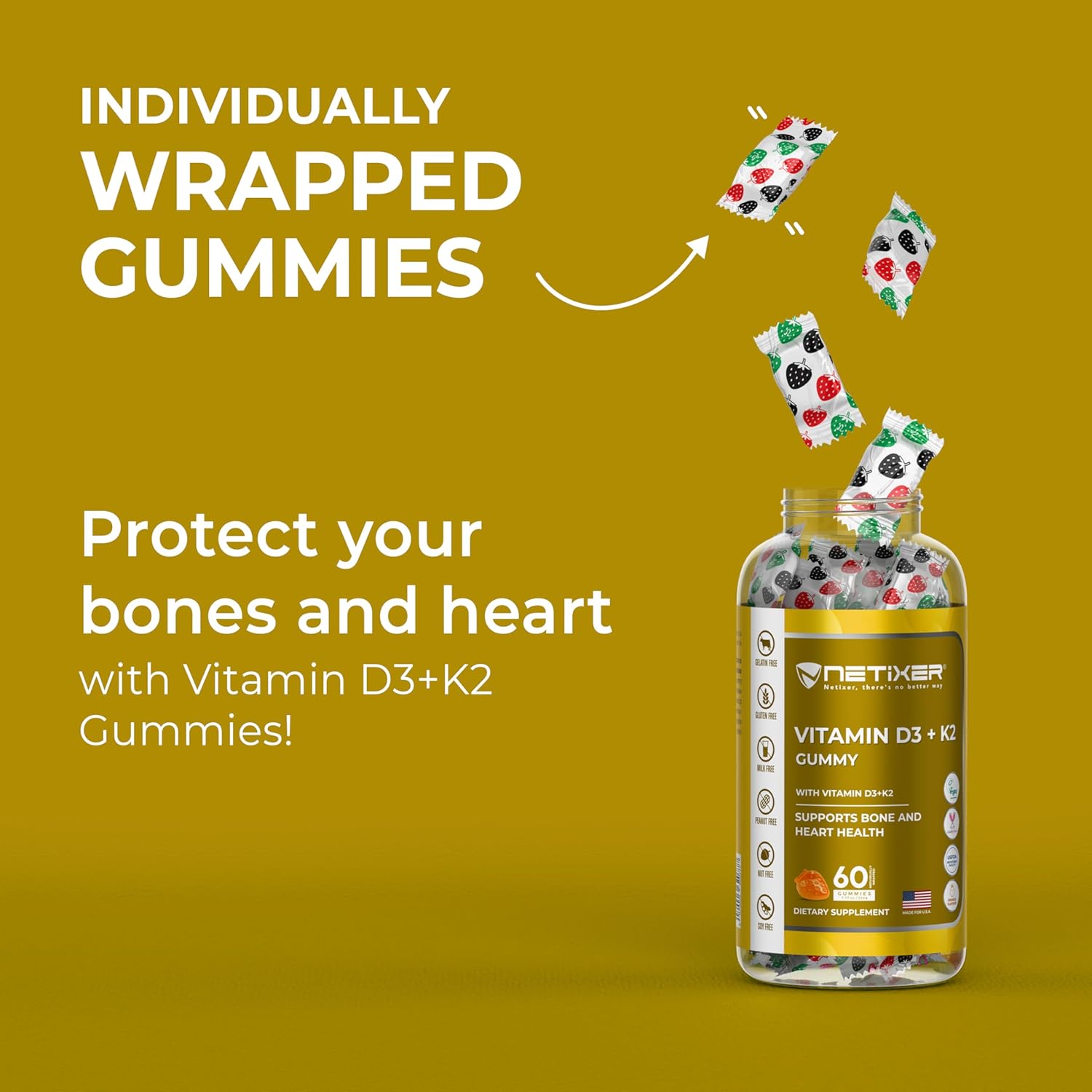 Vitamin D3 + K2 Gummies – Bone & Heart Support – with 10 mcg D3 (Cholecalciferol) & 55 mcg MK-7 K2 – Vegan, Gluten-Free, Gelatin-Free – Orange Flavor – Non-GMO – 60 Gummies – Allergen-Free