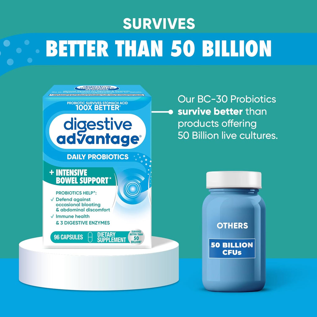 IBS Daily Probiotic Capsules for Digestive Health & Gut Health, Digestive Advantage Probiotics For Men and Women (96 count box) - Digestible Enzymes