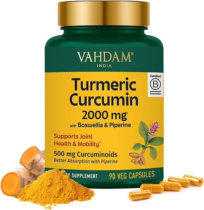VAHDAM, Turmeric Curcumin Supplement 2000mg (500mg Curcuminoids) with Boswellia & Piperine for Fast Absorption | Supports Joint Health and Mobility | 90 Capsules