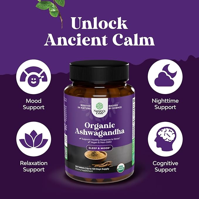 High Strength Organic Ashwagandha Supplements - Ashwagandha Organic Tablets for Mood Support & Hormone Balance for Women & Men - Root Extract Powder with Black Pepper for Better Absorption - 120 Ct