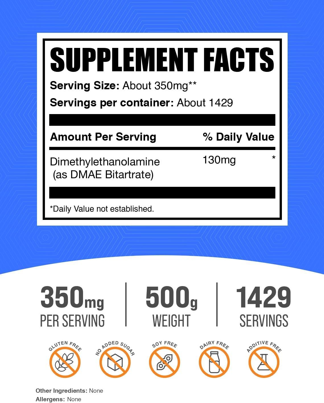 BulkSupplements.com DMAE Bitartrate Powder - Dimethylaminoethanol Bitartrate, DMAE Supplement - Unflavored & Gluten Free, 350mg per Serving, 500g (1.1 lbs) (Pack of 1)