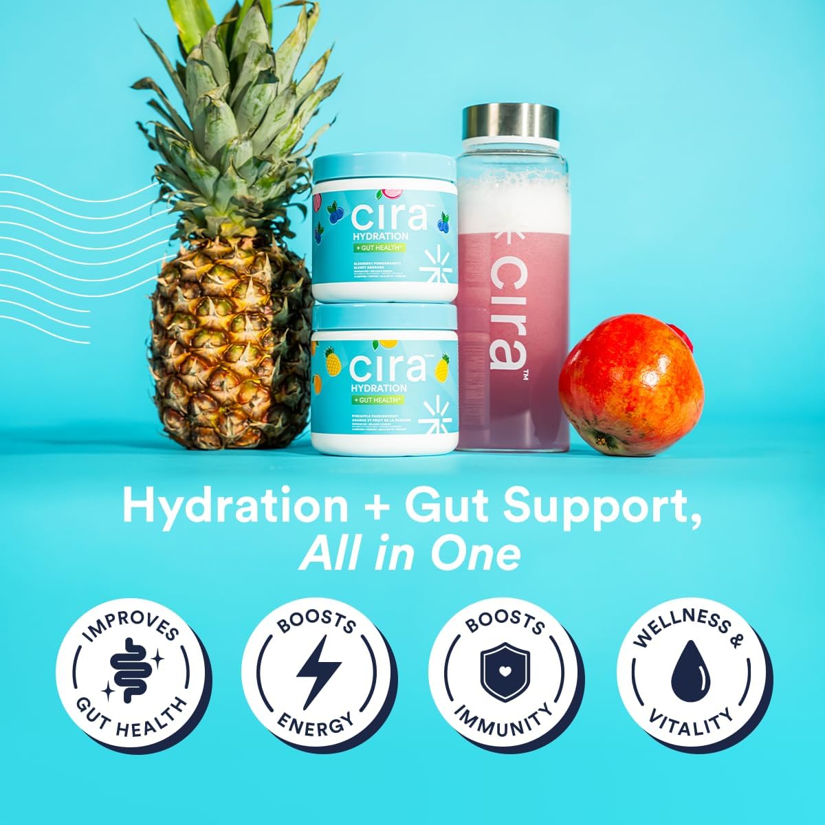 Cira Hydration + Gut Health Powder (45 Servings) - Electrolyte Drink Mix with Prebiotics & Probiotics for Digestion, Hydration & Recovery - Naturally Flavored with Stevia - Blueberry Pomegranate