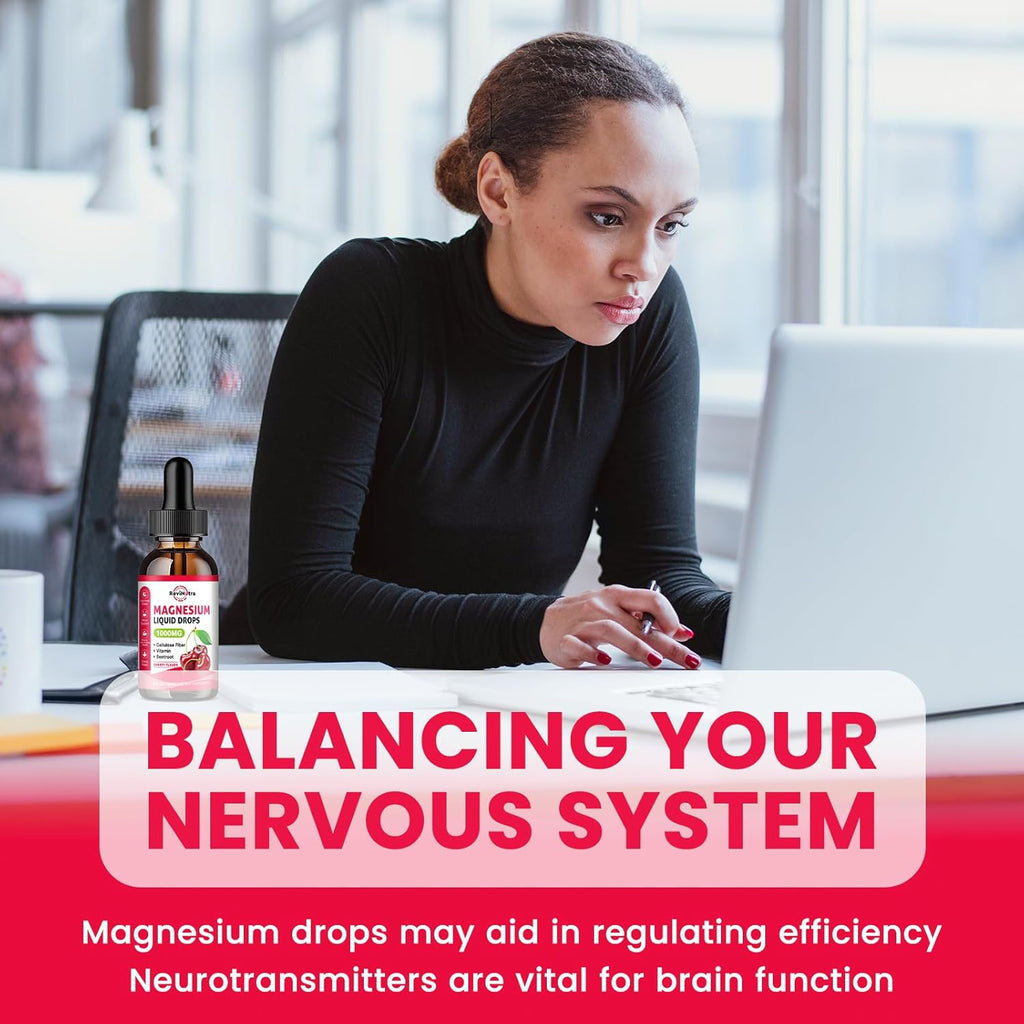 Magnesium Glycinate Liquid Drops, 1000mg Magnesium Glycinate, Citrate & Taurate with Fiber, Beetroot, Vitamin B & C for Sleep, Calm, Muscle, Energy & Relaxation, 2 Fl Oz, Sugar-Free Cherry Flavor