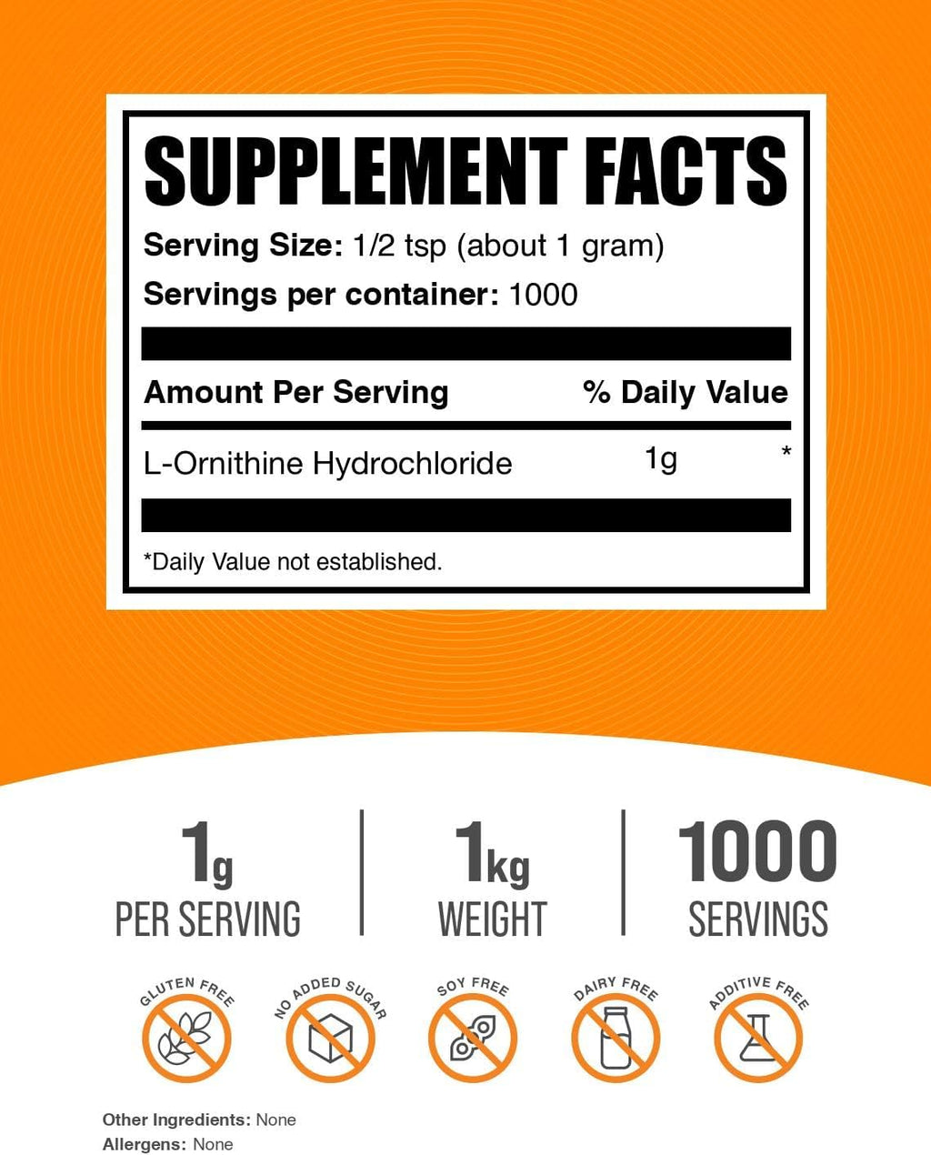 BulkSupplements.com L-Ornithine HCl Powder - Ornithine Supplement, Amino Acids Supplement - Gluten Free, 1g per Serving, 1kg (2.2 lbs) (Pack of 1)