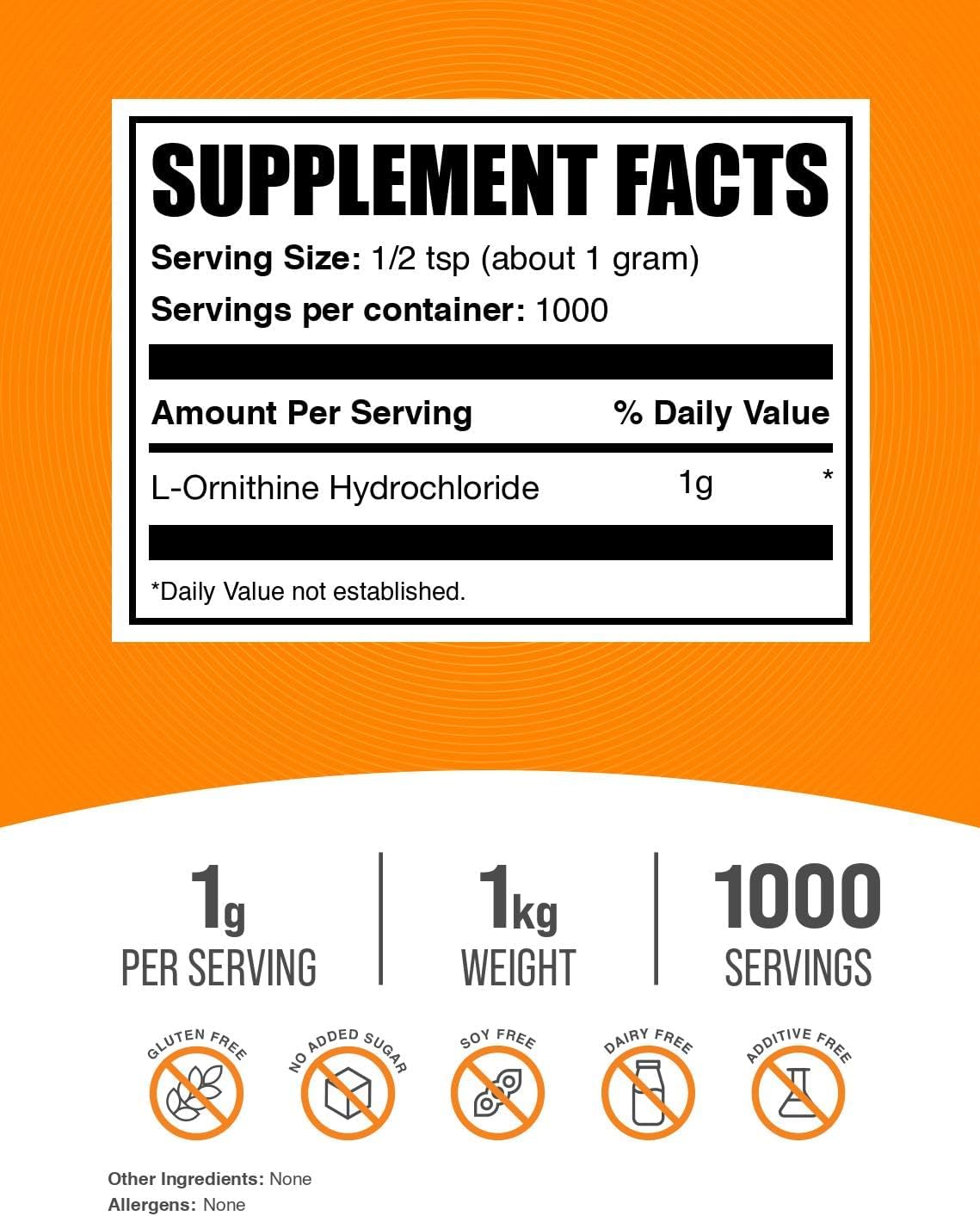 BulkSupplements.com L-Ornithine HCl Powder - Ornithine Supplement, Amino Acids Supplement - Gluten Free, 1g per Serving, 1kg (2.2 lbs) (Pack of 1)