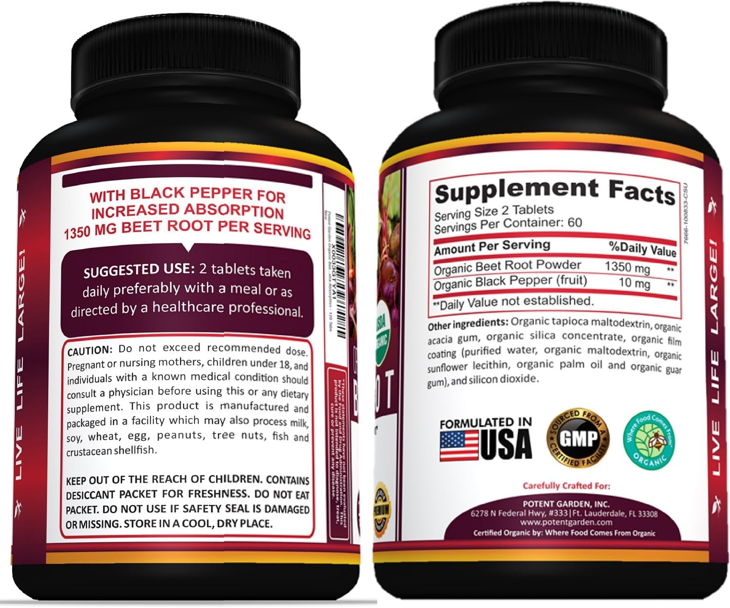 Potent Garden Organic Beet Root Powder (120 Tablets) 1350mg Beets Per Serving with Black Pepper for Extra Absorption - Super Antioxidant and Nitrate Supplement for Athletic Performance and Stamina