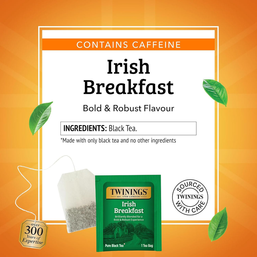 Twinings Irish Breakfast Black Tea Individually Wrapped Bags, 20 Count (Pack of 6), Flavourful, Robust Black Tea, Caffeinated, Enjoy Hot or Iced, 120 Teabags