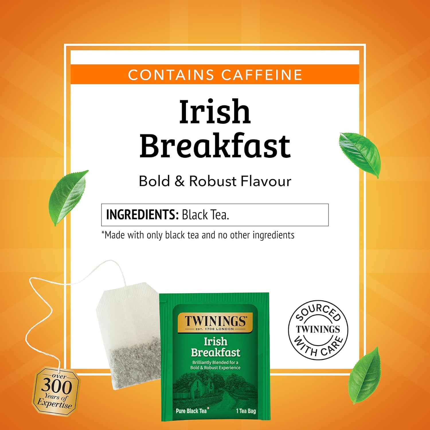 Twinings Irish Breakfast Black Tea Individually Wrapped Bags, 20 Count (Pack of 6), Flavourful, Robust Black Tea, Caffeinated, Enjoy Hot or Iced, 120 Teabags