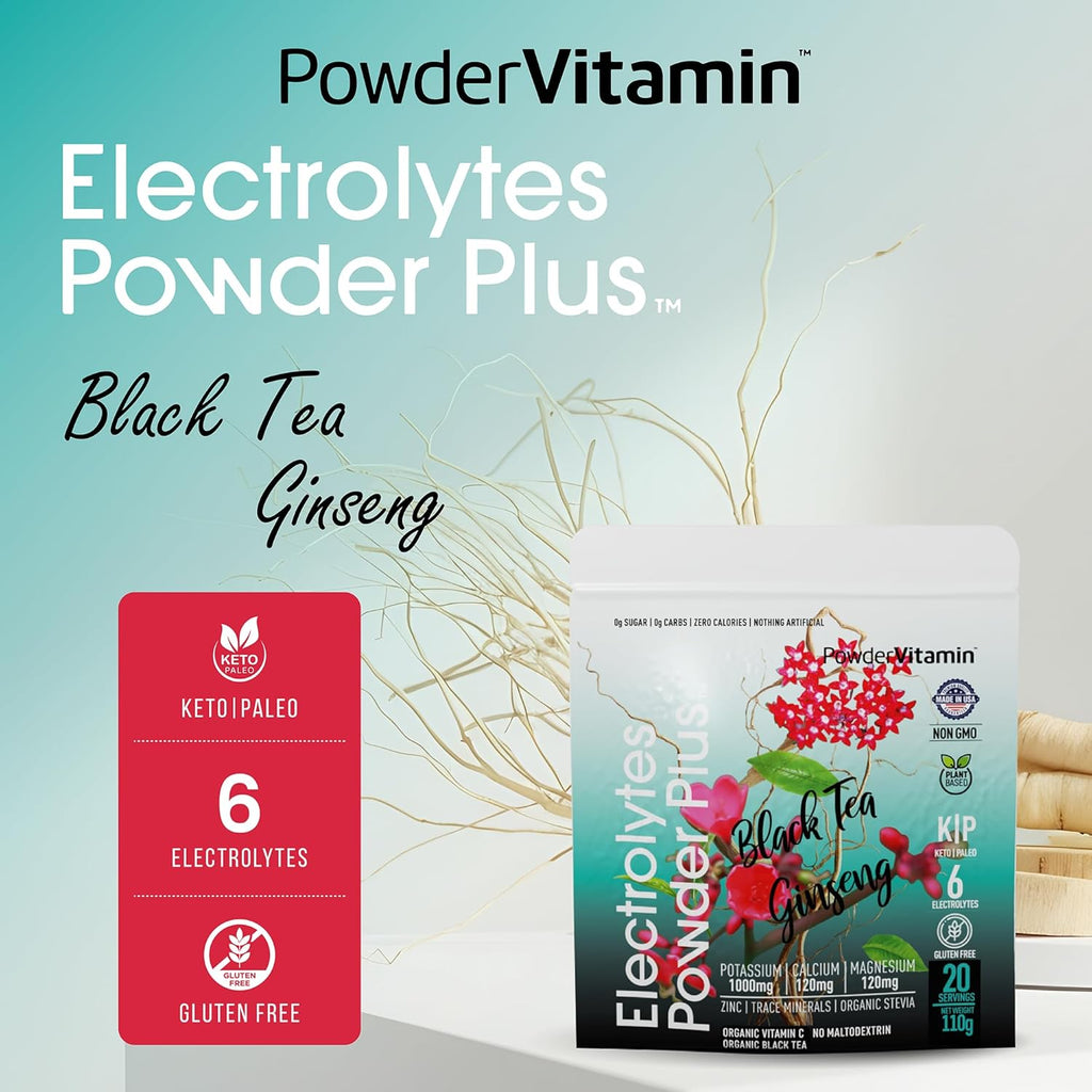 PowderVitamin Electrolytes Powder Plus (20 Servings) Black Tea Ginseng Electrolyte Powder Keto, Sugar Free, Pink Himalayan Salt,1000mg Potassium,120mg Calcium,120mg Magnesium, Hydration Powder
