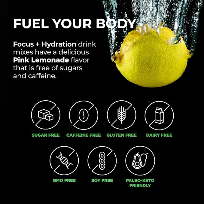 BrainTree Nutrition - Focus + Hydration - Electrolyte Drink Mix - Total Body Hydration - Supports Cognitive Function, Energy & Muscle Recovery - Sugar Free - Pink Lemonade - 30 Stick Packs