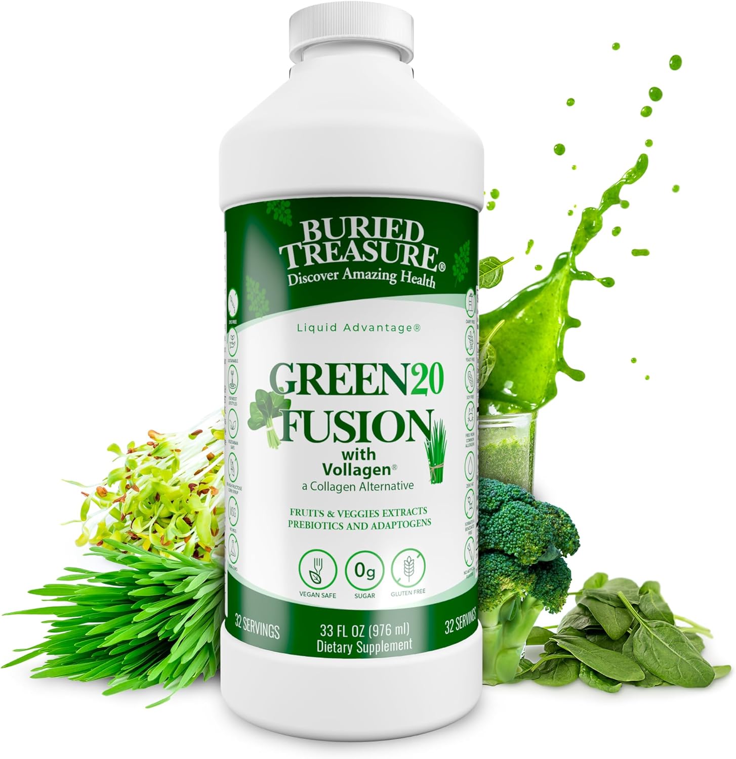 Buried Treasure Green20 Fusion – Superfood Blend with Vollagen for Skin, Hair, and Joint Support, Plant-Based, Vegan, Non-GMO Gluten-Free, Dairy-Free, Soy-Free, 32oz Liquid