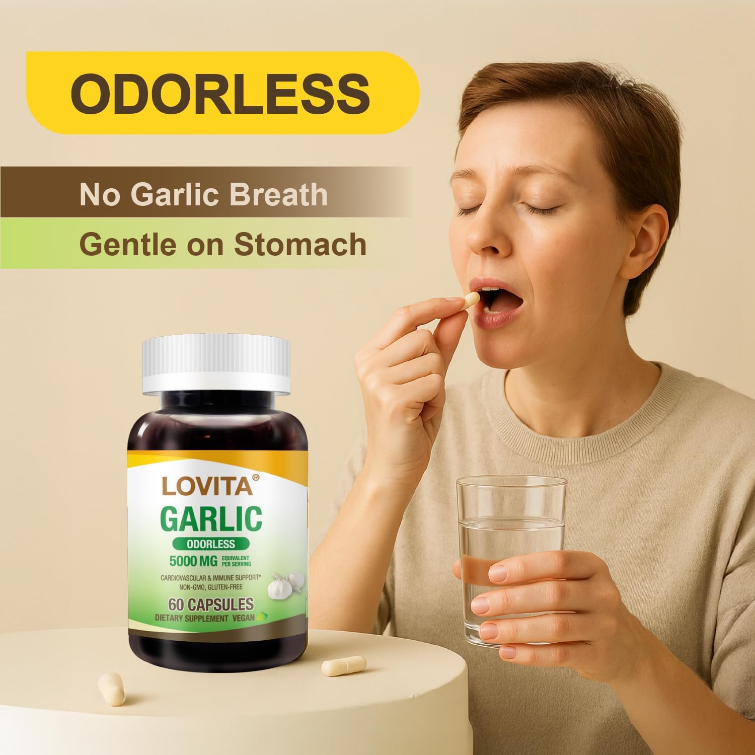 LOVITA Odorless Garlic Capsules, 5000mg Fresh Garlic Equivalent, 1.25% Allicin Extract, Supports Heart, Blood Pressure, Cholesterol & Immune System, Non-GMO, Gluten-Free, 300 Vegan Capsules