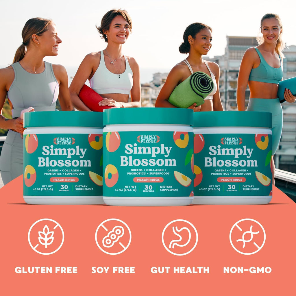 Simply Blossom Nutrition Daily Greens & Superfood Powder + Collagen + Probiotics for Women's Digestive Health & Bloating Relief. Help Your Health Bloom - 30 Day Supply - Peach Rings