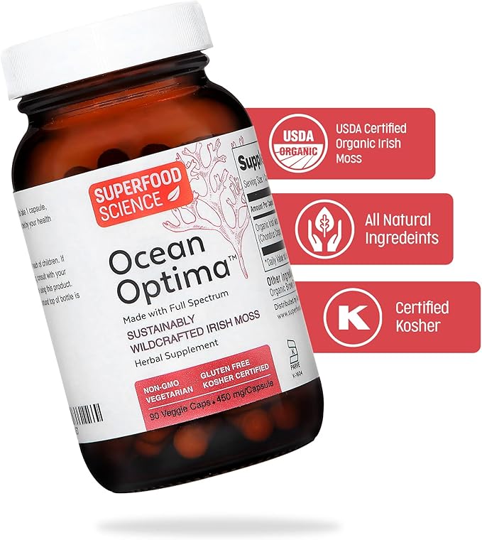 Ocean Optima Organic Sea Moss Capsules (Chondrus crispus) for Skin, Nail, Hair, and Gut, Naturally Occurring Kosher Iodine for Thyroid Support, Single-Ingredient Wild Irish Seamoss, Vegan, 90 Servings