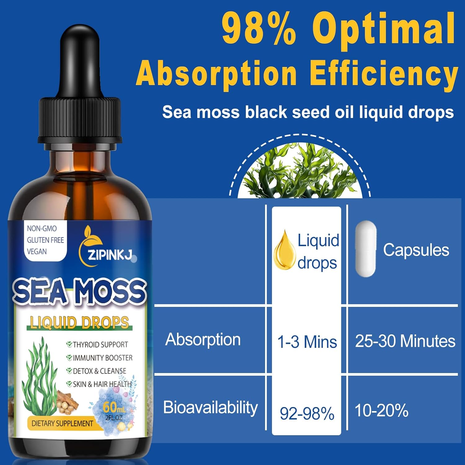 Sea Moss Drops, Irish Liquid Sea Moss Gel Supplement with Black Seed Oil, Shilajit, Elderberry, Burdock Root, Spirulina, Bladderwrack for Digestion Health, Non-GMO, 2 Fl Oz