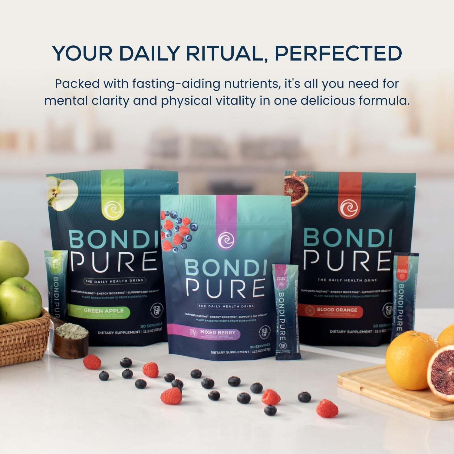 Bondi Pure - Daily Health & Detox Drink - Promote Gut Health & Energy Support During a Cleanse or Intermittent Fasting - Plant-Based Fibers, Alkalizing Super Greens - Green Apple (30 Servings)