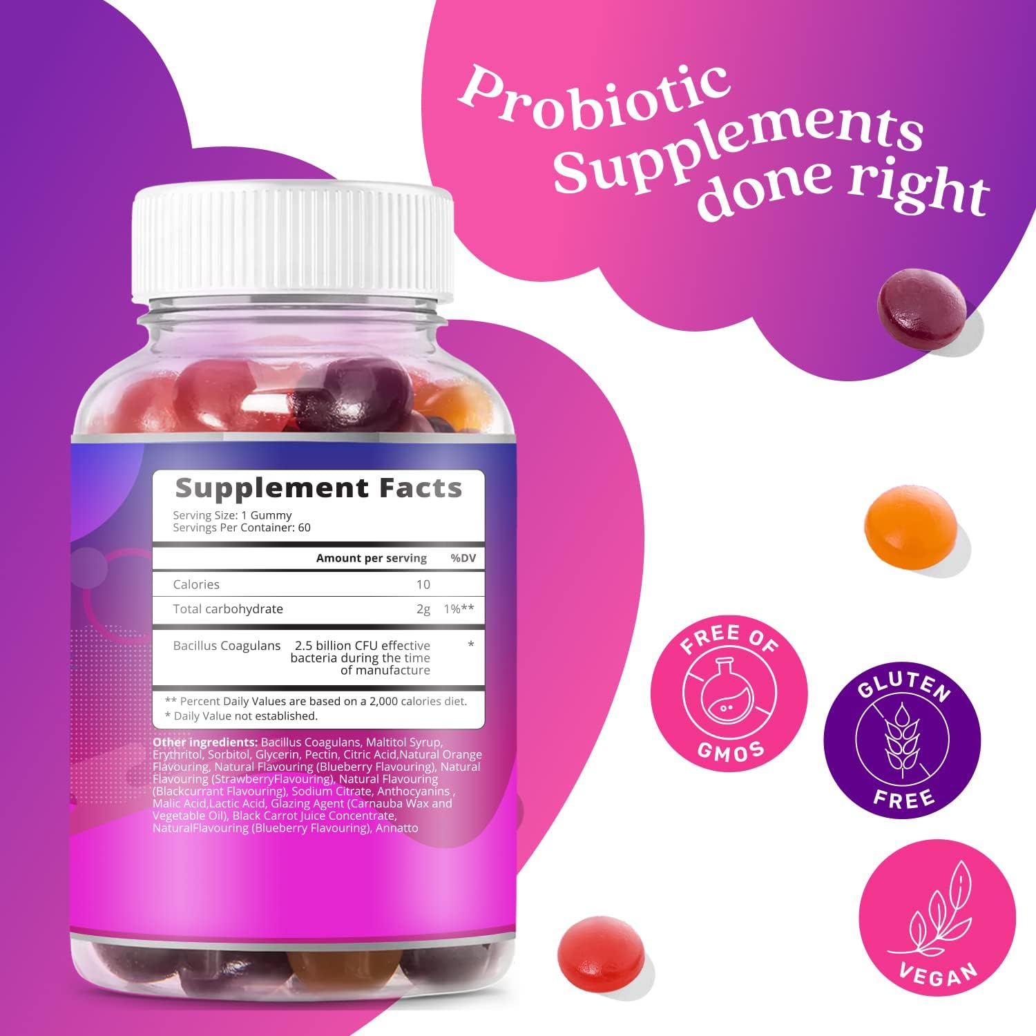 BeLive Probiotic Gummies - Probiotics with 5 Billion CFUs for Digestive Health, Men, Women & Kids Probiotic Supplements for Immune Support, Sugar Free & Vegan – Blueberry, Strawberry & Orange | 3-Pack