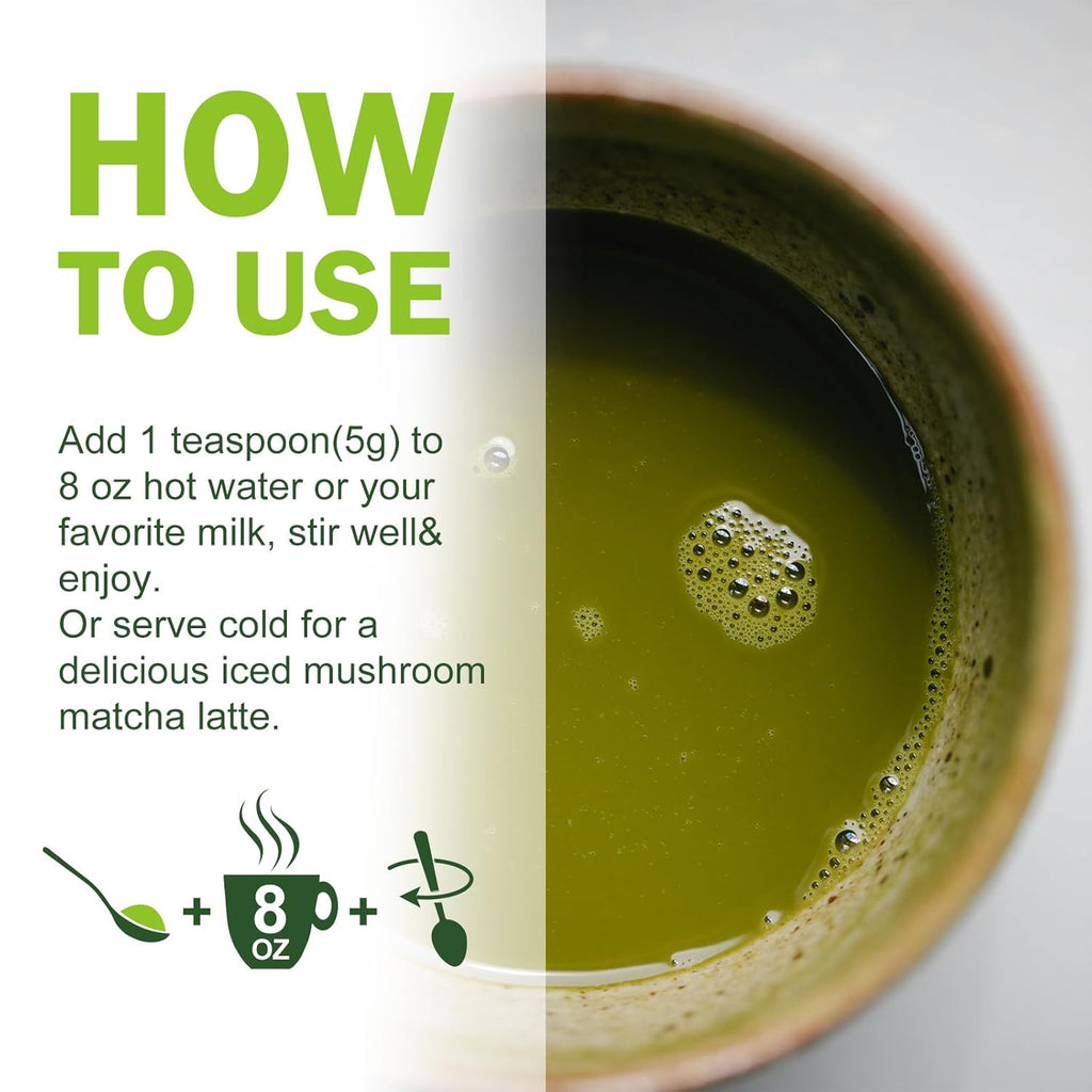TALCUFON Mushroom Matcha 4.23 Oz, Japanese Ceremonial Matcha Blend 7 Superfood Mushrooms All Natural, Gluten Free, Taste Great Hot or Cold Latte 120G