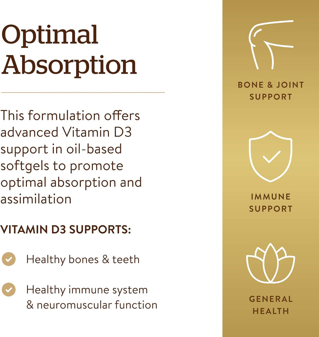 Solgar Vitamin D3 (Cholecalciferol) 25 MCG (1000 IU), 250 Softgels - Helps Maintain Healthy Bones & Teeth - Immune System Support - Non-GMO, Gluten-Free, Dairy Free - 250 Servings