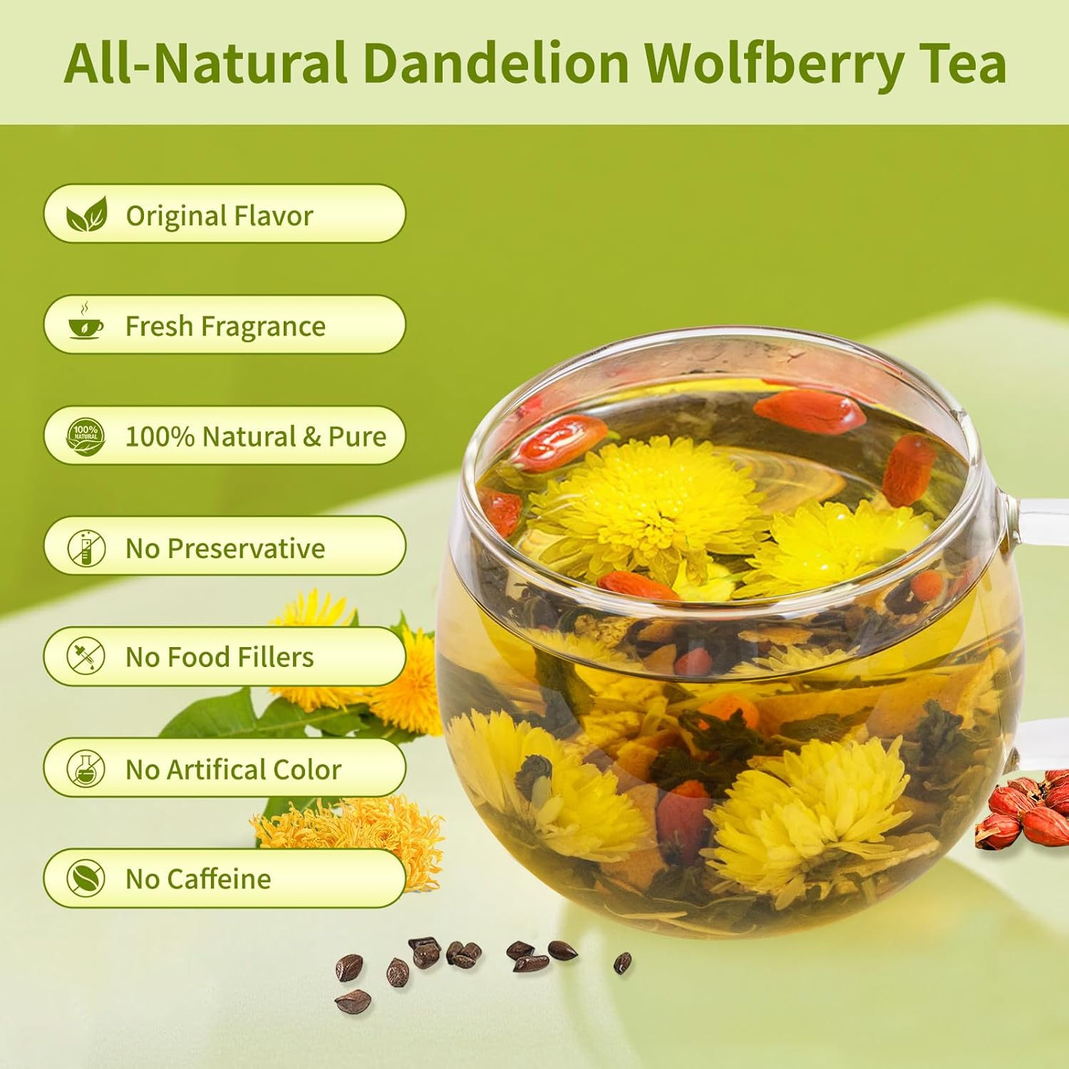 Dandelion Wolfberry Tea Bags, Natural Kidneys & Liver Health Tea with Dandelion, Chrysanthemum, Wolfberry, Cassia Seed, Licorice, Orange Peel, Gardenia, Dandelion Root Tea (2 Pack/24 Bags)