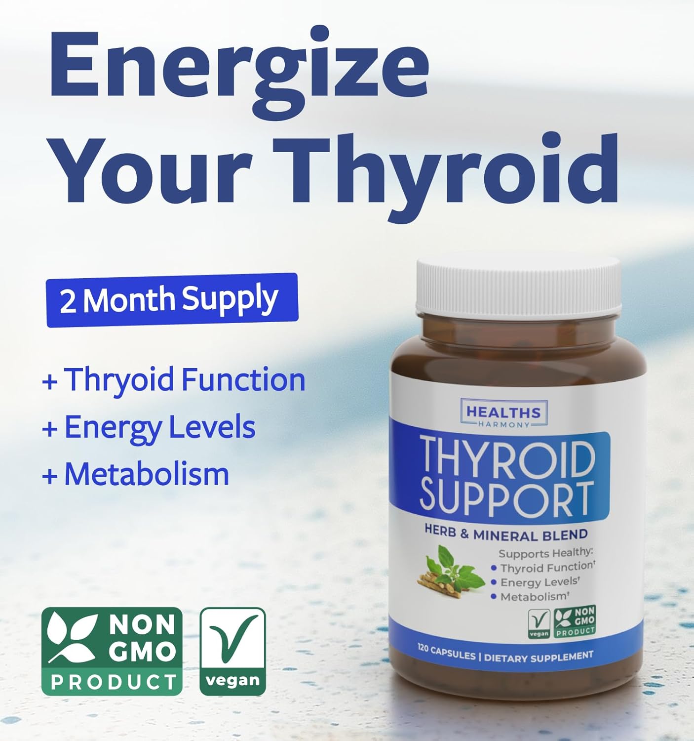 Thyroid Support with Iodine - 120 Capsules (Non-GMO) Improve Your Energy - Ashwagandha Root, Zinc, Selenium, Vitamin B12 Complex - Thyroid Health Supplement for Women and for Men - 60 Day Supply