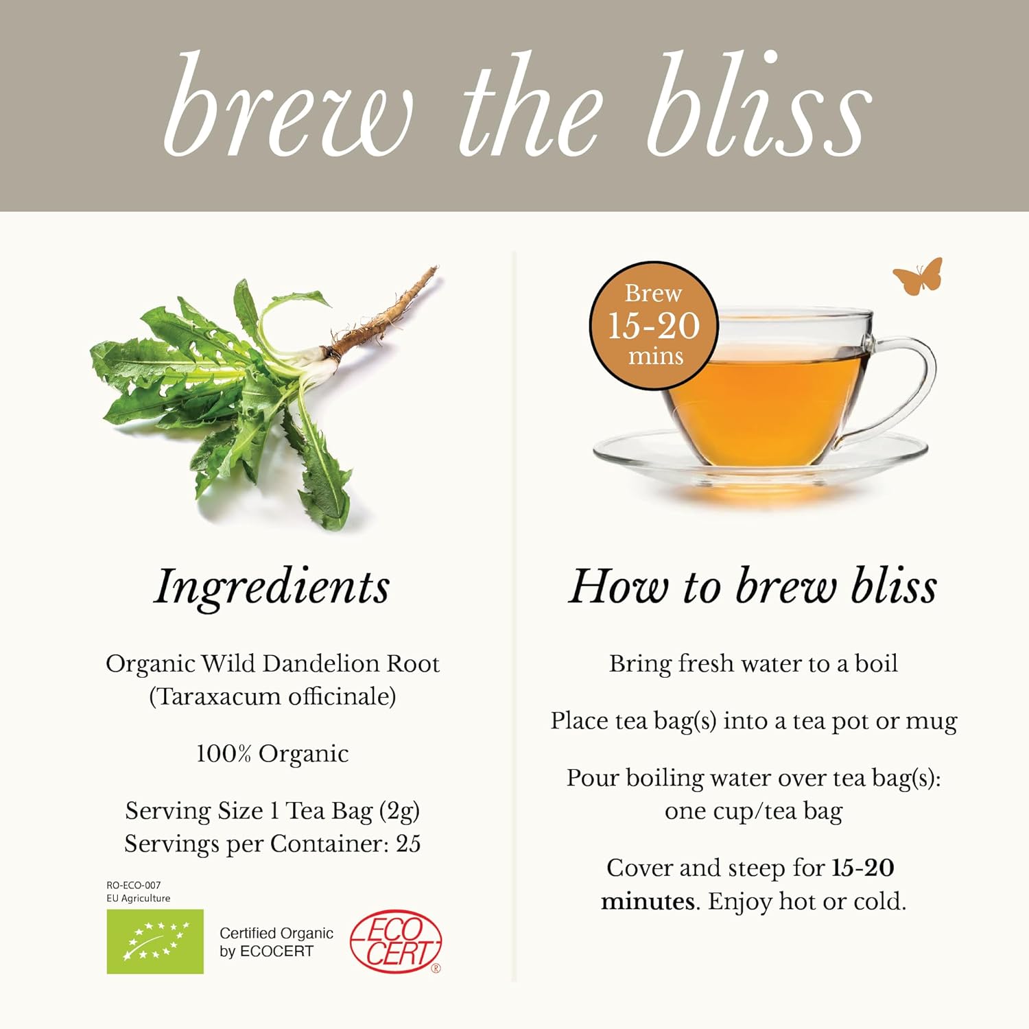 Wild Bliss Organic Wild Raw Dandelion Root Tea - Pharmacopoeia Quality Caffeine Free Herbal Detox Support - 25 Plant Based Tea Bags