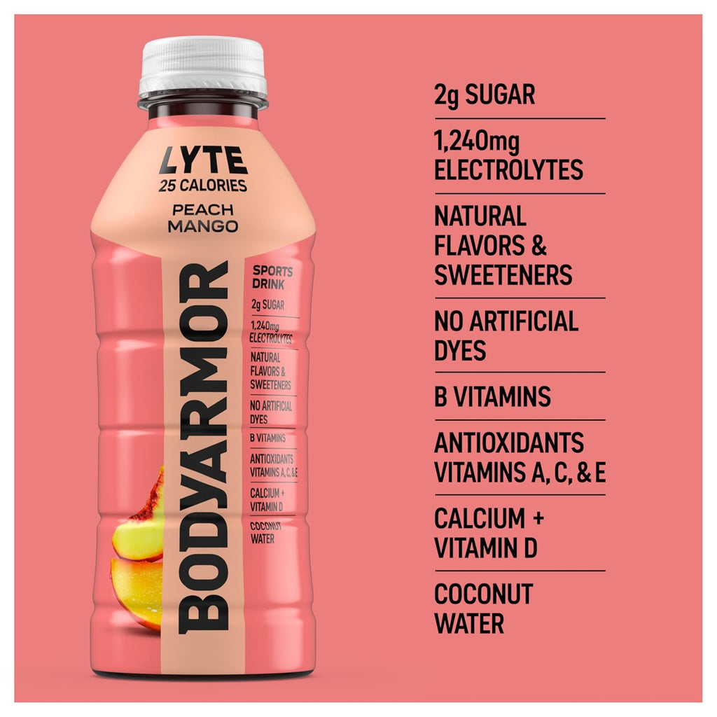 BODYARMOR LYTE Sports Drink Low-Calorie Sports Beverage, Peach Mango, Coconut Water Hydration, Natural Flavors With Vitamins, Potassium-Packed Electrolytes, Perfect For Athletes, 20Fl Oz (Pack of 6)
