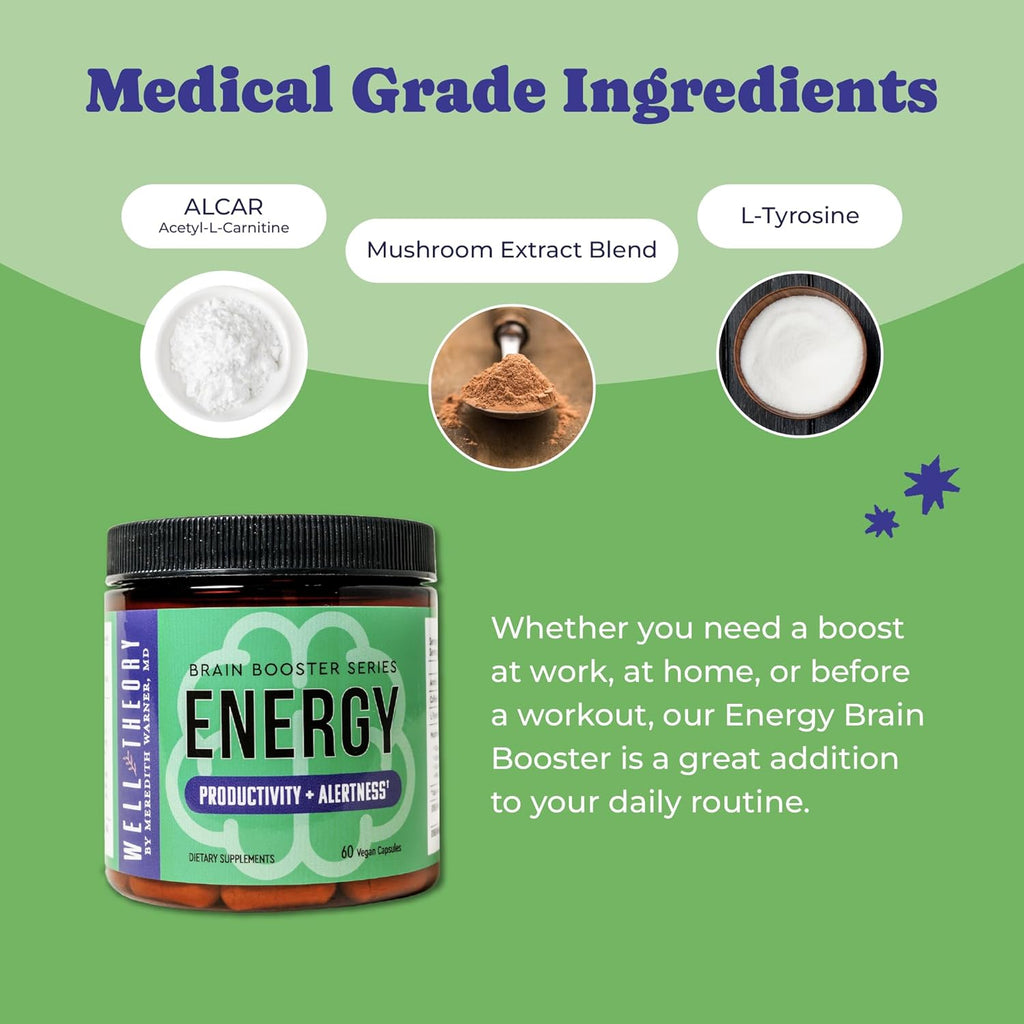 Energy Brain Booster | Supports Focus, Mood, and Cognitive Function | with Acetyl-L-Carnitine, L-Tyrosine, and Lion’s Mane | 60 Capsules