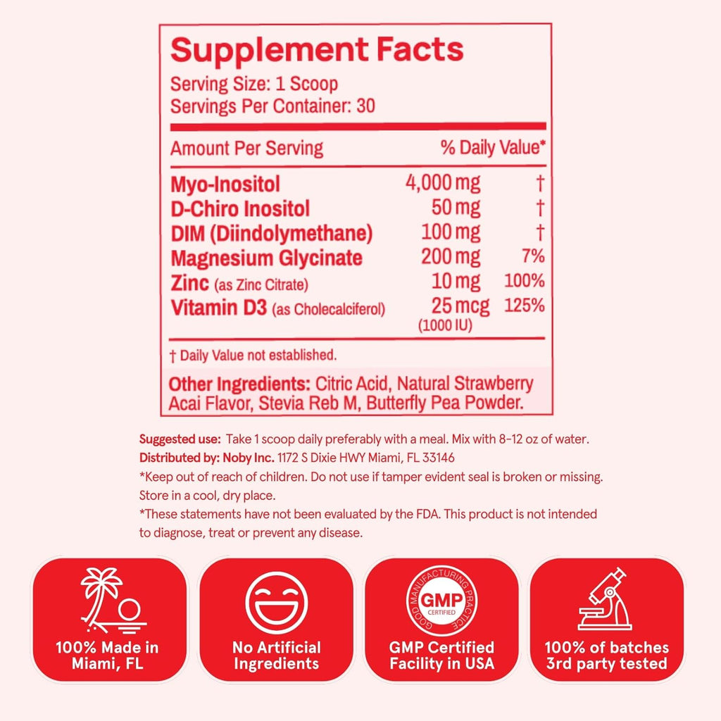 Inositol Powder Multivitamin, Strawberry Acai Flavor – 4g Myo & D-Chiro Inositol, DIM, Zinc, Magnesium Glycinate, Vitamin D3 – Supports Women’s Health, Cycle, Energy, 30 SVG