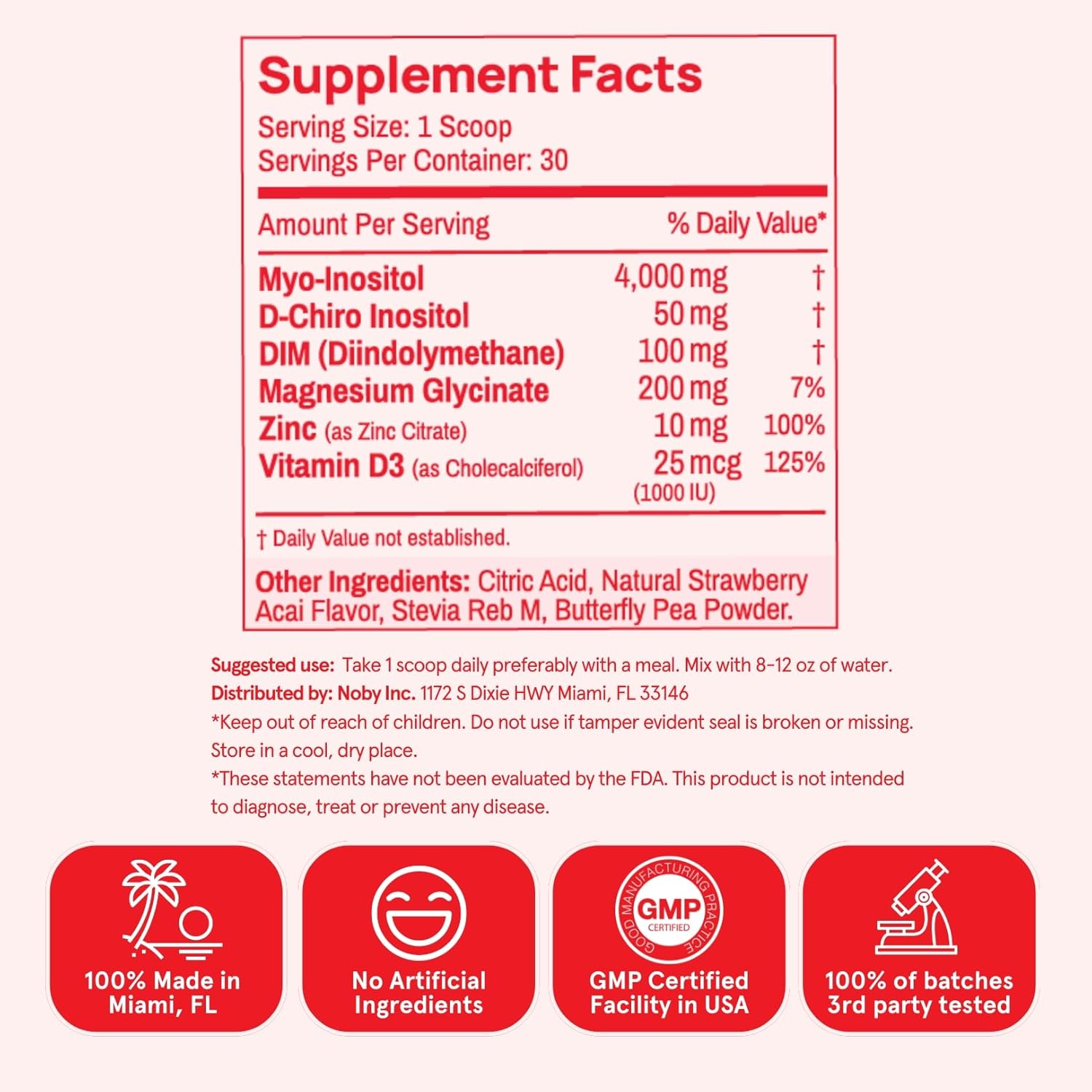 Inositol Powder Multivitamin, Strawberry Acai Flavor – 4g Myo & D-Chiro Inositol, DIM, Zinc, Magnesium Glycinate, Vitamin D3 – Supports Women’s Health, Cycle, Energy, 30 SVG