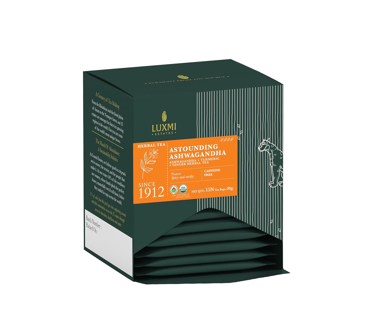 Luxmi Estates Astounding Ashwagandha Root Tea, 15 Tea Bags (30g) Pack of 6, Certified USDA Organic Herbal Eco-Conscious Tea Bags, with Turmeric, Ginger, Lemongrass & More, for Sleep, Relaxing, and Stress Relief