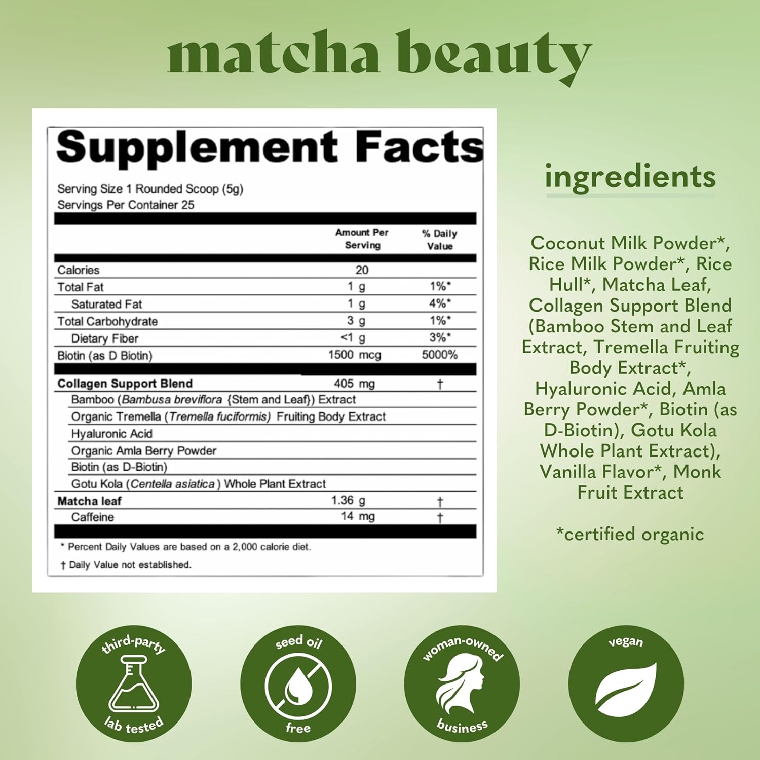 Matcha Beauty Vegan Collagen Booster Drink Blend: Plant Based Collagen Support Smoothie Drink Vegan Creamy Blend | Matcha Flavor | 1 Bag - 25 Servings per Bag