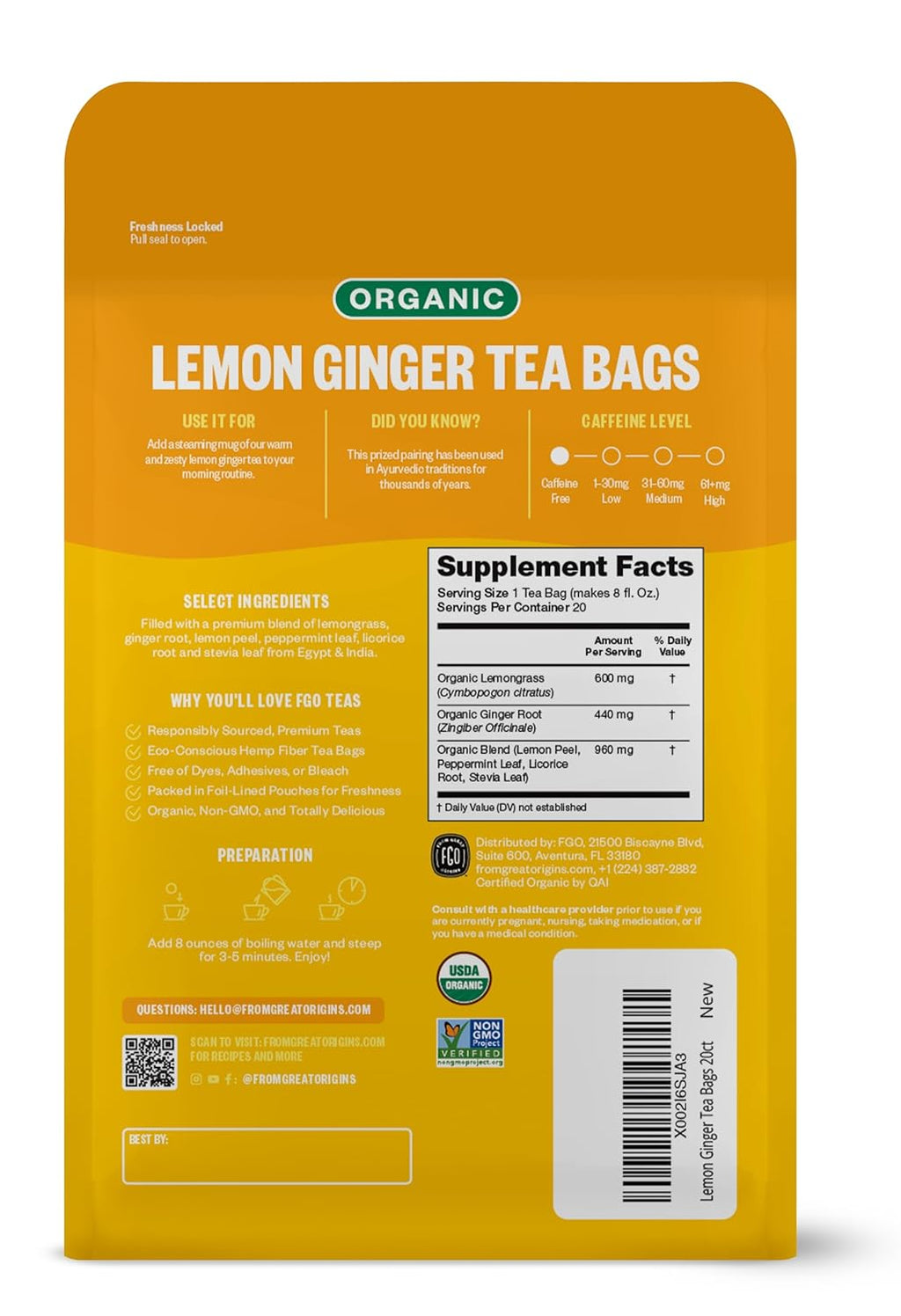FGO Organic Lemon Ginger Tea, 20 Count, Eco-Conscious Herbal Tea Bags, Resealable Bag, Caffeine Free, Packaging May Vary (Pack of 1)
